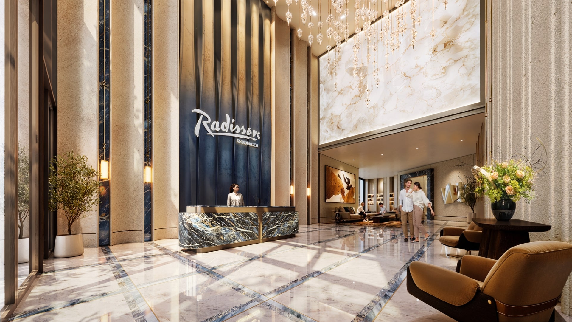 Main lobby at Radisson Residences Al Reem Island Abu Dhabi with signature reception and lounge seating