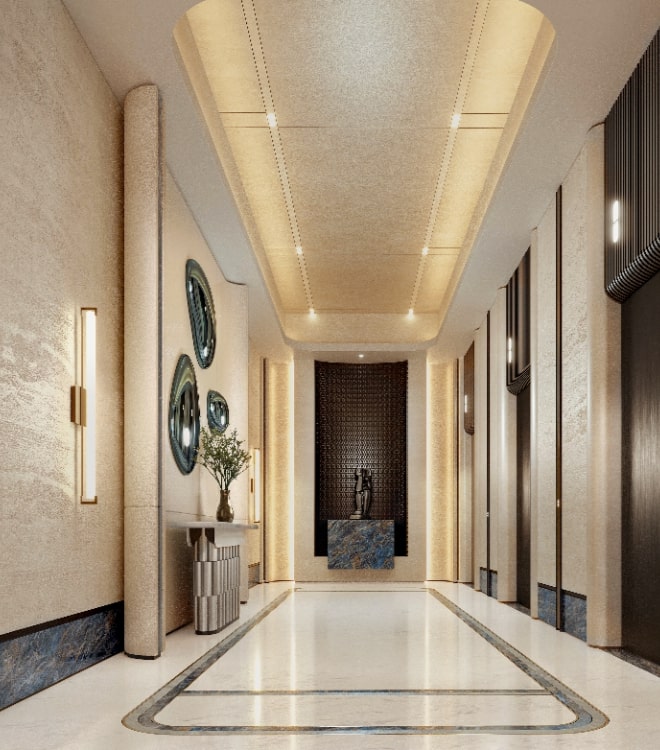 Lift lobby at Radisson Residences Al Reem Island Abu Dhabi with refined interiors connecting residential amenities