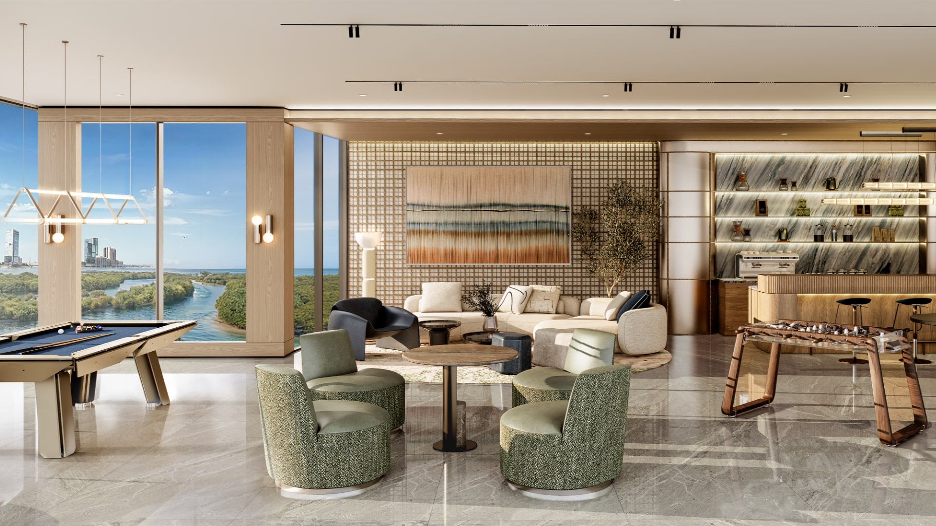 Recreational lounge at Radisson Residences Al Reem Island Abu Dhabi overlooking mangroves and waterways