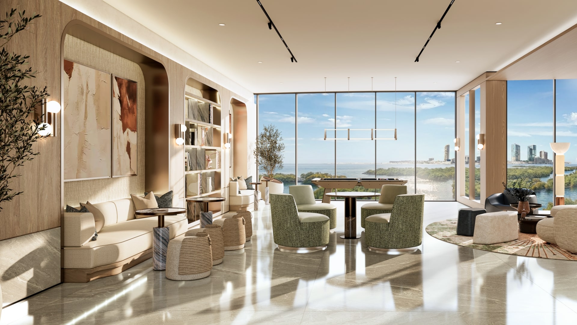 Recreational lounge at Radisson Residences Al Reem Island Abu Dhabi with waterfront views