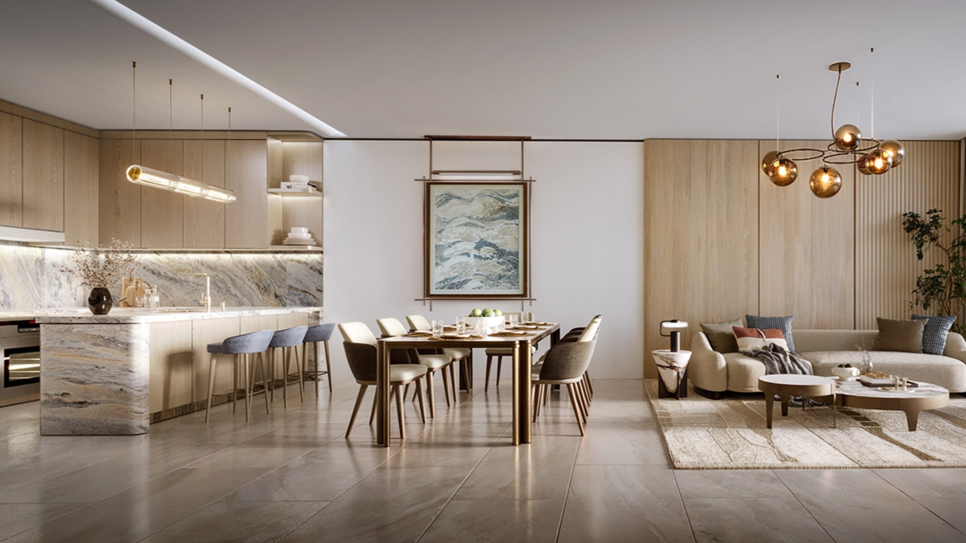 Apartment living and dining area at Radisson Residences Al Reem Island Abu Dhabi with floor-to-ceiling windows