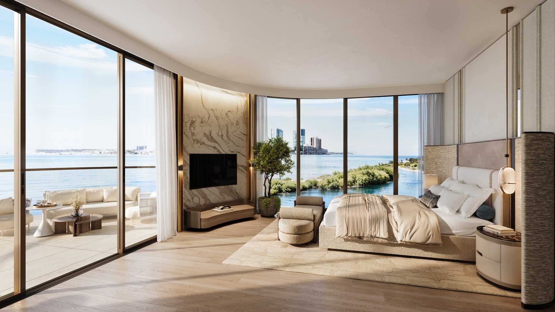 Master bedroom at Radisson Residences Al Reem Island Abu Dhabi with panoramic waterfront views