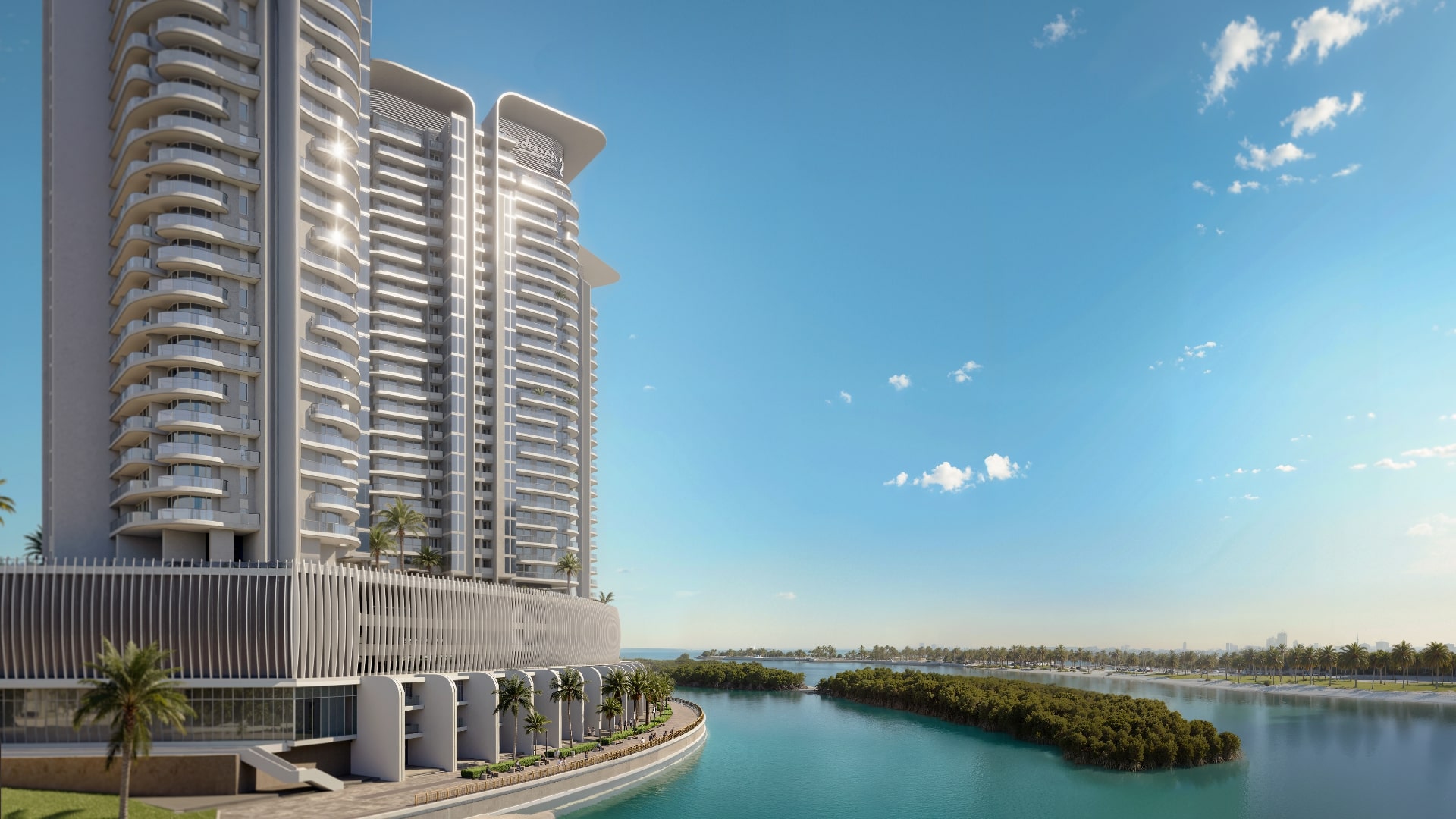 Three connected towers of Radisson Residences Al Reem Island Abu Dhabi along the waterfront