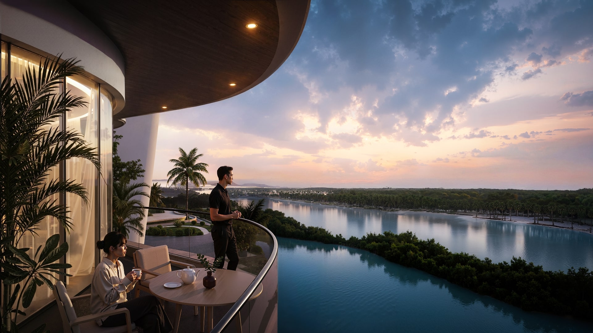Balcony view from Radisson Residences Al Reem Island Abu Dhabi overlooking mangroves at sunset