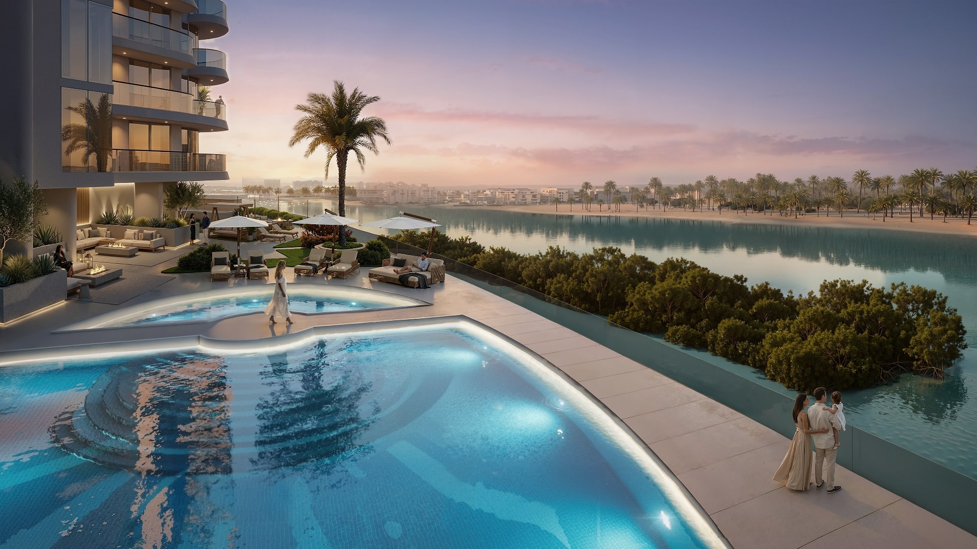 Elevated pool deck at Radisson Residences Al Reem Island Abu Dhabi overlooking mangroves and waterways