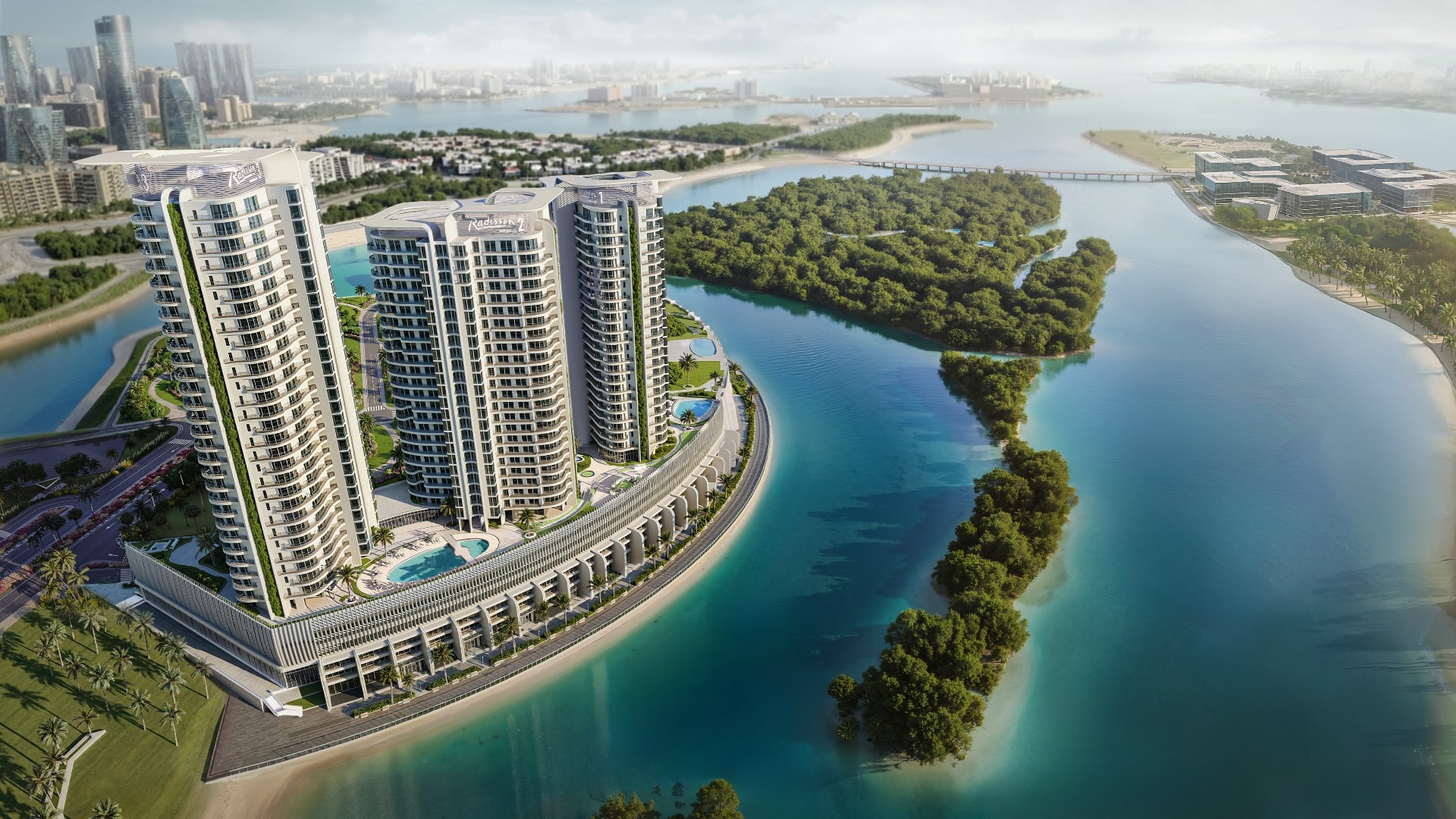 Aerial view of Radisson Residences Al Reem Island Abu Dhabi surrounded by mangroves and waterways