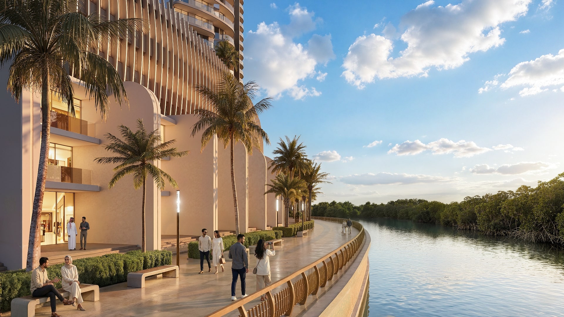 Palm-lined waterfront walkway at Radisson Residences Al Reem Island Abu Dhabi beside mangroves